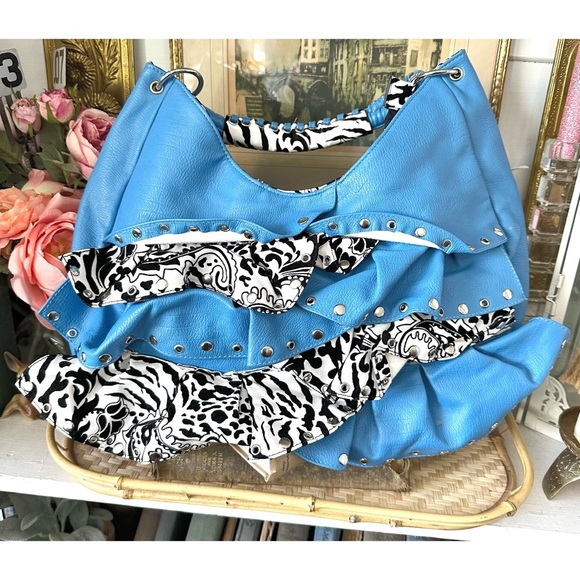 Handbags - Large Blue hobo shoulder bag, features a distinctive tiered, ruffled design